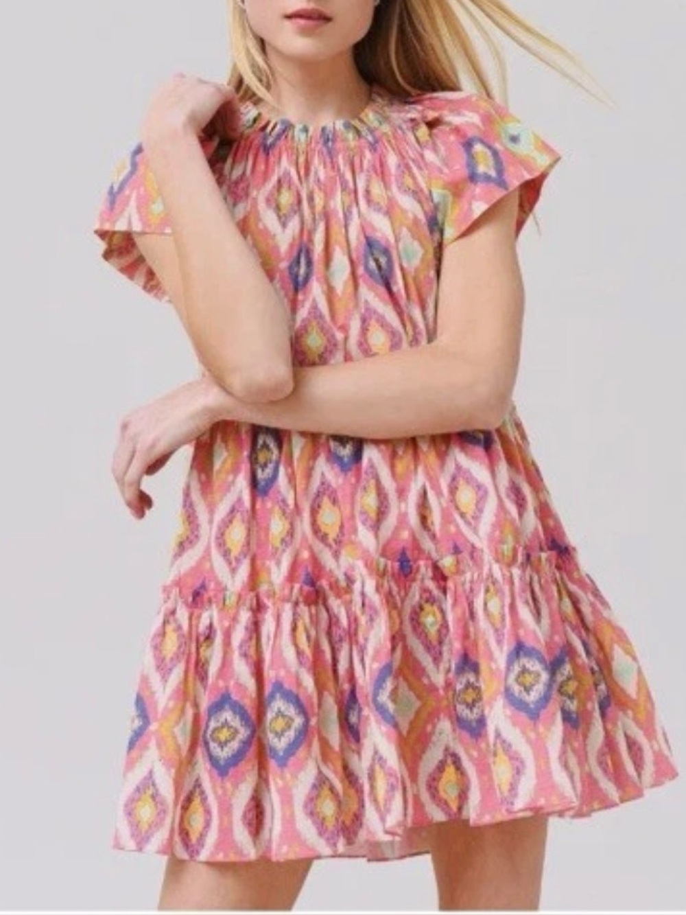 CHARINA SARTE PINK BLUE IKAT PATTERN ON OR OFF SHOULDER DRESS WOMENS SZ MEDIUM